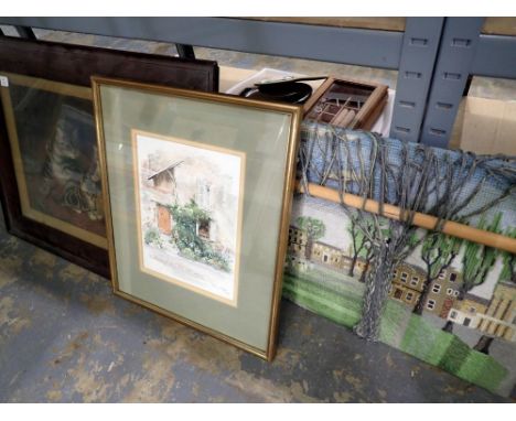 Edwardian framed kitchen print, a further print and a tapestry. Not available for in-house P&amp;P 
