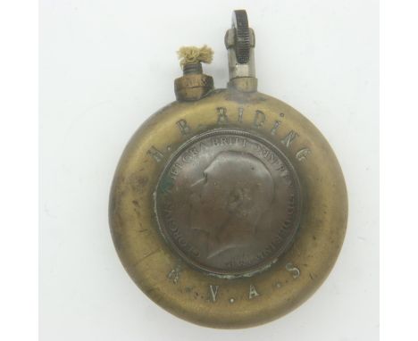 RNAS interest: a WWI trench-art cigarette lighter, named to H B Riding RNAS, formed in brass with British penny and French 10