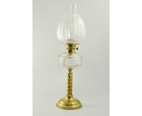 Victorian brass oil lamp, acid etched and moulded shade, clear facet cut reservoir, rope twist column, circular base with chi
