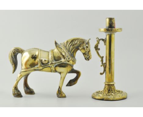 Victorian copper kettle, height 21cm and a glass model of a horse, brass trivet, copper warming pan, brass fireirons, an oak 