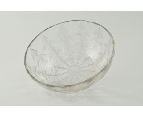 Rene Lalique bowl, 'Pissenlit' design, introduced 1924, clear and frosted glass bowl, moulded with dandelion leaves, marked R