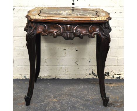 Eastern hardwood occasional table, mother of pearl inlay of a Fishing Village, serpentine carved frieze, cabriole legs, top 5