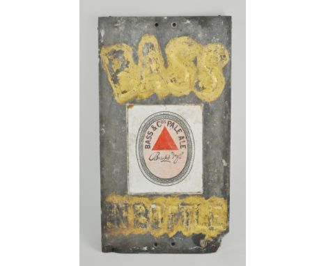 Brewery Advertising: Early 20th Century slate and enamel "Bass" advertising sign, engraved with "Bass in Bottle", centre enam