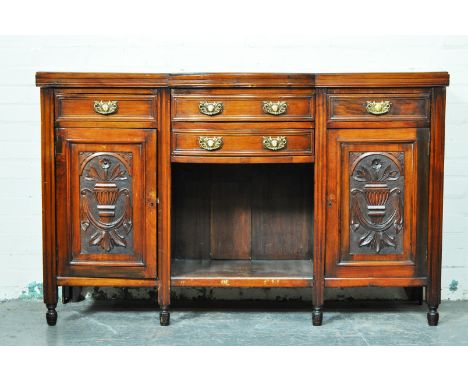 Victorian walnut sideboard, bow front, four drawers and cupboards surrounding an arch, turned legs, width 152cm, depth 48cm, 