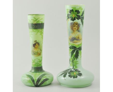 Victorian opaque glass vase, printed with a portrait and painted with flowers, height 29cms and a similar smaller vase, (2).