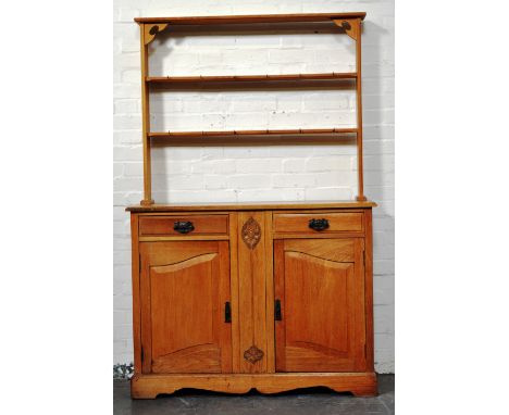 Small oak dresser, two shelf open back, base with rectangular top, two drawers above cupboards, shaped apron, bracket feet, w