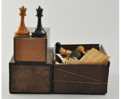 Boxwood and ebony Staunton pattern chess set, part mahogany box (a.f.) and two other chess sets, (3).