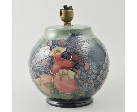 Moorcroft bulbous shape lamp base, 'Finches' designed by Sally Tuffin, on blue-green ground, second quality, 17cm.