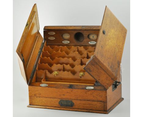 Victorian oak slope front correspondence box, hinged doors enclosing an interior fitted with compartments, pen tray and calen