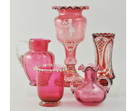 Victorian cranberry glass vase, crimped rim, bowl decorated with white enamel with a girl in the style of Mary Gregory, heigh