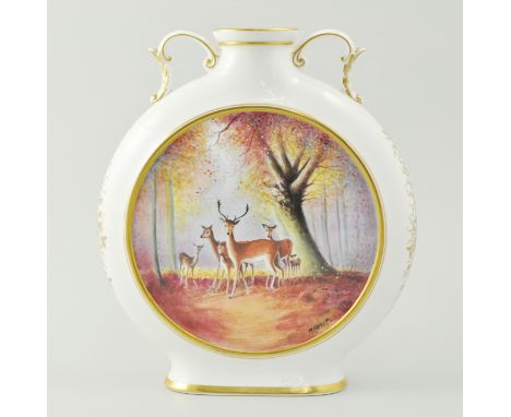 Coalport moon flask, reserves painted with deer in a woodland landscape, by Malcolm Harnett, 24cm.