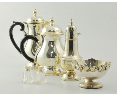 Arthur Price silver plated four-piece tea set, baluster form with ebonised handles, reeded outlines, comprising hot water jug