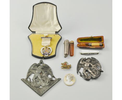 Silver gilt and enamelled Royal Masonic Institute for Girls Stewards Badge 1923, Lodge St Michael plaque, another, small silv