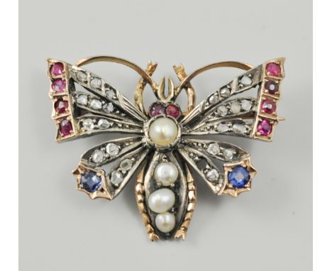 Edwardian yellow metal insect brooch, set with seed pearls and various coloured gem stones, one seed pearl and apparently unm