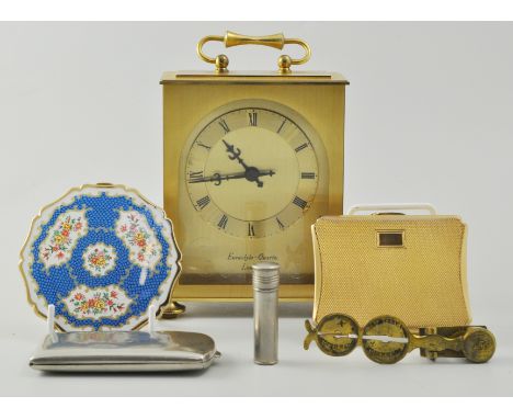 Eurastyle London quartz brass cased mantle clock, two Stratton compacts, Asprin tub, sovereign scales and a cigarette case, (