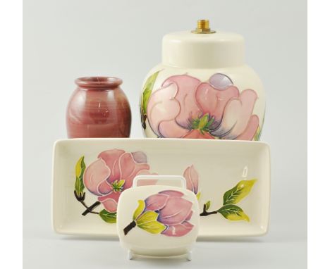 Moorcroft vase shape lamp base, 'Magnolia' design on ivory coloured ground, 16cm, a 'Magnolia' design pin dish and box, toget