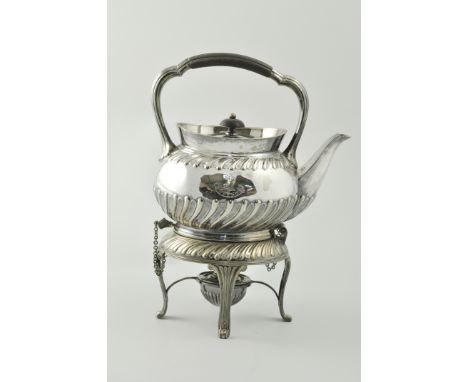 Victorian silver plated spirit kettle, wooden handle and finial, gadrooned body with engraved initials, the stand with reeded