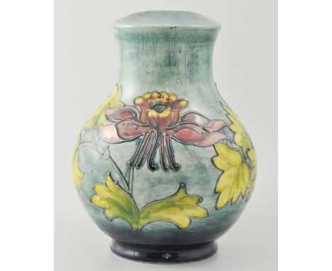Moorcroft baluster shaped lamp base, Honeysuckle pattern on shaded blue ground, 27cm.