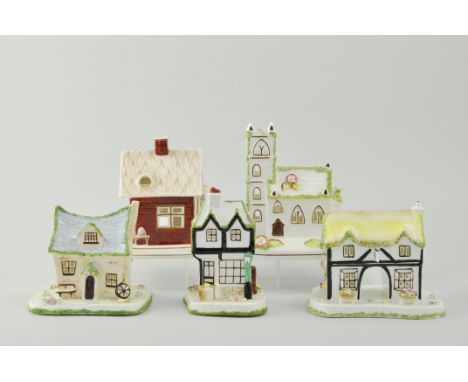 Coalport cottage model, Village Church, height 14cm, another The Crooked Cottage, another The Coaching Inn, The Old Curiosity