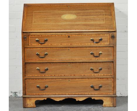 Victorian mahogany bureau, satinwood crossbanding boxwood and ebony stringing throughout, full front with an oval shell inlay