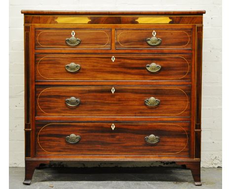 Victorian mahogany chest of drawers, rectangular top with broad crossbanding, boxwood and ebony stringing, frieze with satinw