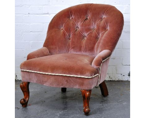 Victorian walnut framed nursing chair, hoop back, button dralon upholstery, serpentine seat, cabriole legs, width 59cm, heigh