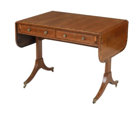 A 19th century Fruitwood and coromandel and line inlaid sofa tableThe rounded rectangular twin flap top above two drawers and