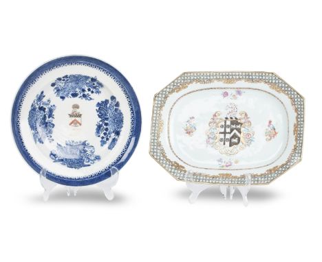 A Chinese armorial dish and plate18th centuryThe octagonal dish with full coat of arms and with gilt scroll and diaper border
