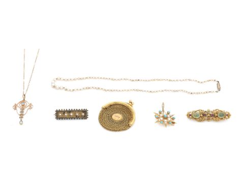A collection of itemsIncluding a turquoise and cultured half-pearl star brooch/pendant, cased; an aquamarine and seed-pearl p