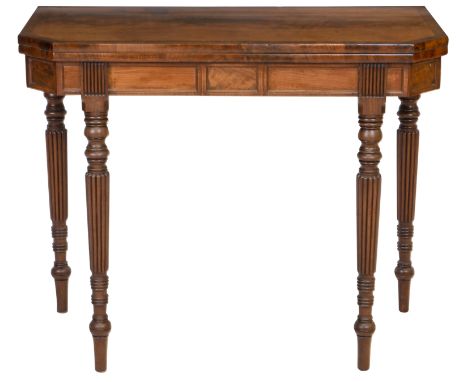 A 19th century mahogany and cross banded card tableThe canted rectangular top enclosing a green baize playing surface above a