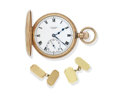 A half-hunter pocket watch, an Albert chain and a pair of cufflinksThe 9ct gold half-hunter pocket watch, with white enamelle