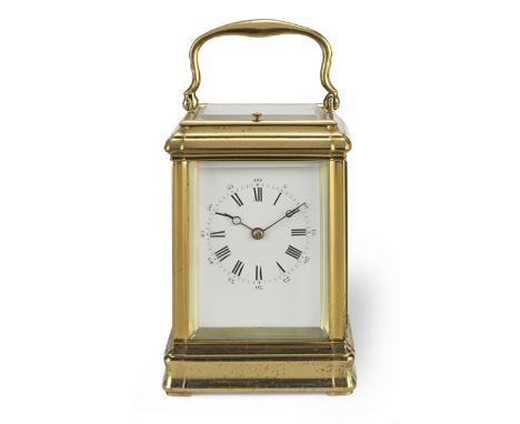 A late 19th century grande sonnerie striking and repeating brass carriage clockThe movement with maker mark for Richard (C.A.