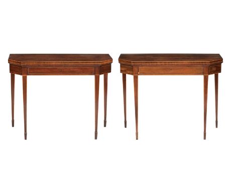 A pair of Regency mahogany card and tea tablesEach with rectangular top with canted angles, one with green baize playing surf