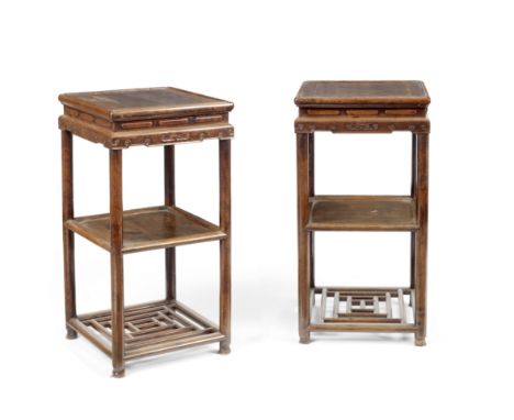 A pair of hardwood pot-standsLate 19th century/early 20th centuryThe aprons carved with scroll heads, with low galleried tops