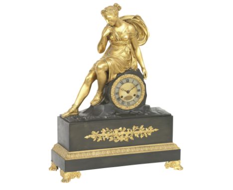 A 19th century ormolu figural mantel clockThe movement stamped GuyerdetThe 3 3/4-inch silvered dial with Roman numerals, the 