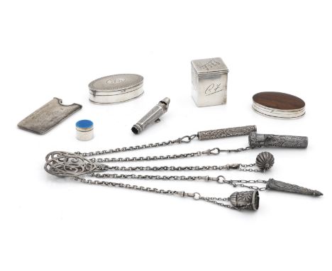 A late victorian silver chatelainemaker's mark CS*FS, London, 1900  with scrolled belt clip, suspending five chains with aces