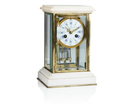 A French 19th century brass and marble mounted mantel clockInscribed to the dial 'Mappin &amp; Webb Ltd 20 Regent St W'The 3-