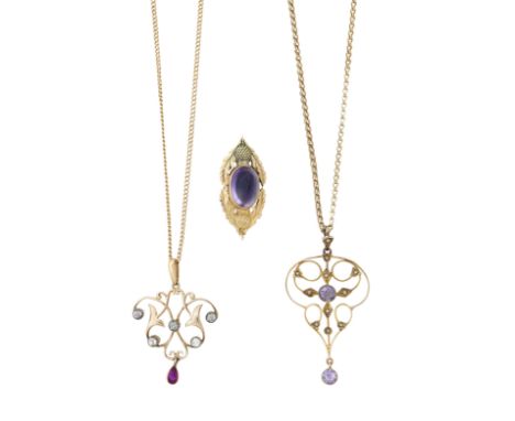 An amethyst brooch and two gem-set pendants with chainsthe brooch rubover-set with an oval cabochon-cut amethyst flanked by s