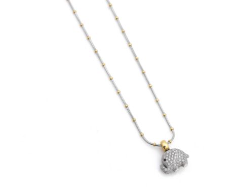 A diamond-set elephant pendant with chainThe stylised elephant pavé-set with round brilliant-cut diamonds, also with circular