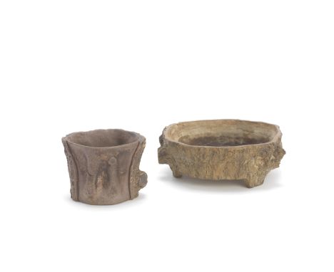 An Yixing tree trunk-form vessel; together with an yixing washerQing DynastyThe first realistically modelled as a gnarled tre