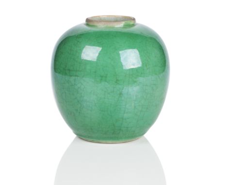 A 'Green ge' glazed jar19th CenturyOf globular form, the bright green glaze with even crackle and white crackle glaze to inte