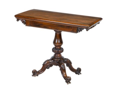 A 19th century rosewood card tableThe rectangular fold over top with moulded edge enclosing a green baize playing surface, ra