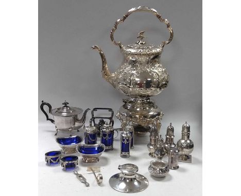 A collection of English and Continental silverware including cruets, flatware, inkwell etc., 1030g (33ozt) weighable silver, 