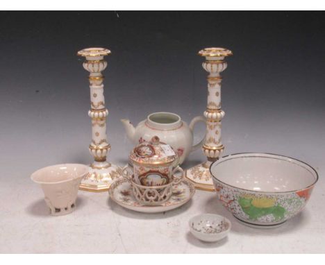 19th century Dresden trembleuse two handled tea cup and saucer with lid, painted with figures in coastal scenes within lozeng