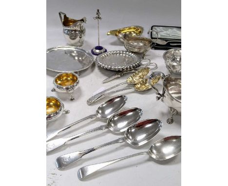 A collection of silverware including sauce boats, flatware, bowls, salts, teapot stand, ring &amp; hatpin stand, pap boat, gr