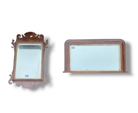 A Chippendale style mirror with fret cut frame 61 x 37.5cm overall, and another small inlaid mantel mirror 35.5 x 68cm (2)