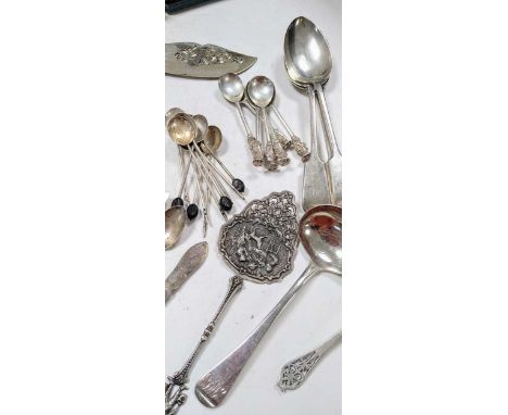 A collection of silver and silver plated flatware, some cased, 786g (25ozt) weighable silver
