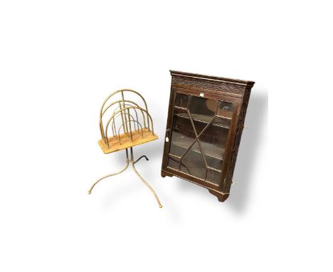 An Edwardian blind fret carved mahogany corner cupboard, with single glazed door, 77 x 56cm, and an Edwardian brass two divis