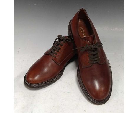 Prada - pair dark brown leather lace up 'Derby' shoes. Size 7 on the soles. Gold Stamped 2EF 005 7 to the inside of the upper