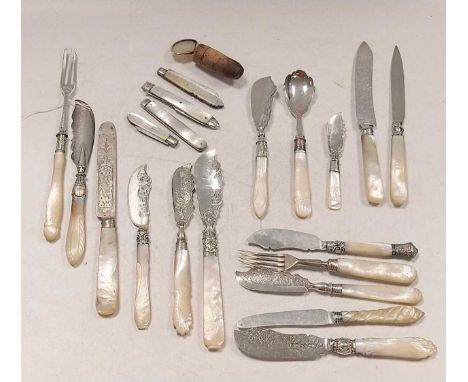 A collection of mother of pearl mounted silverware including butter knives, pickle forks, folding fruit knives and forks etc,